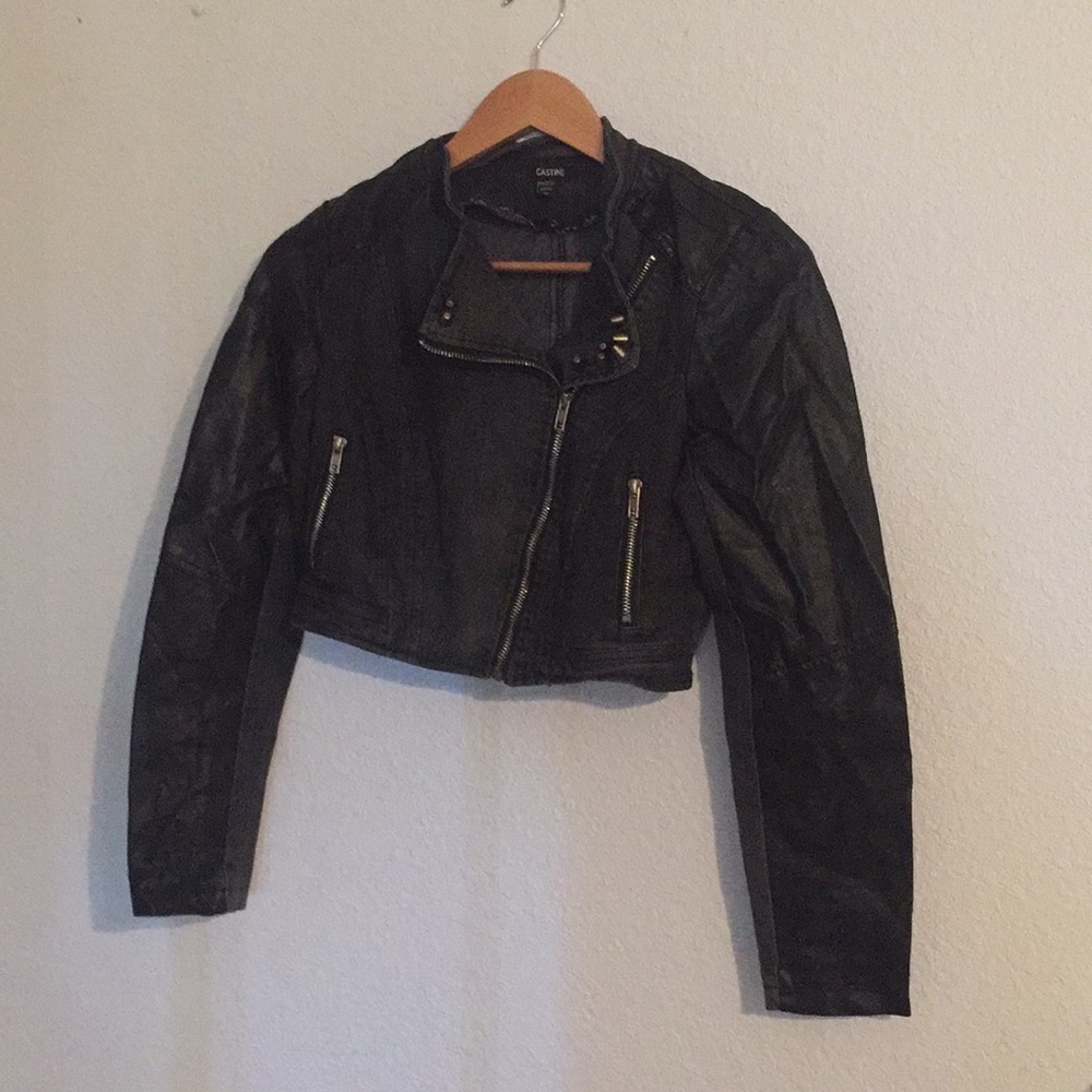 Cropped studded denim and leather jacket